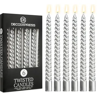 DECO EXPRESS Stabkerzen Set, 6er Packung, Tropffreie Gedrehte Bunte Kerzen, 6 Stunden Brenndauer Unparfümiert, Schlafzimmer Deko Geschenke für Valentinstag und Muttertag (Metallic Silber, 6er-Pack)