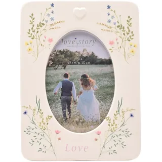 Love Story Keramik-Bilderrahmen, ovaler Hochzeits-Bilderrahmen, Blumendesign, Andenken, Geschenk für Paare, Verlobungen und Jubiläen, romantische Heimdekoration