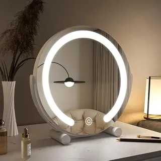 WDWRITTI LED Tischspiegel Schminkspiegel mit Beleuchtung, 3 Lichtfarbe Dimmbare 3000-6500K Rund Kosmetikspiegel, Stehend Rasierspiegel 360° Drehbar, Make Up Mirror mit Touch Schalter, Weiß