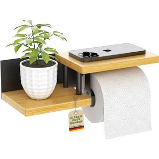 ElbFuchs® Toilettenpapierhalter Holz Bambus [KLEBEN oder Bohren] | hochwertiger Klopapierhalter ohne Bohren mit Ablage | schwarz | Klorollenhalter | WC Rollenhalter