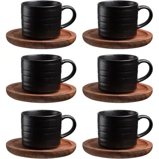 Cappuccino Tassen Set 6 x 140ml Kaffeeservice Steingut, 12 teiliges Kaffeeset für 6 Personen, Tassen mit Untertasse Kaffeetassen Set Edle Beinhaltet Kaffeelöffe Vintage Schwarz