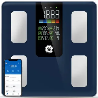 GE Smart Scale for Body Composition, Weight, BMI, 500lb, Large 11.8-Inch | Body Fat Scale with Muscle Mass, Digital Bathroom Weighing Health Monitor, FSA Eligible HSA, Bluetooth App Sync, Dark Blue