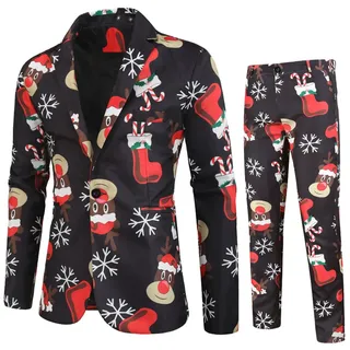 Zhiyao Herren Lustige Weihnachtsanzug 2-Teilig Slim Fit Button Verschiedene Drucke Formal Weihnachten Sakko Hose Blazer Partyanzug für Festlich Party Abend Hochzeit - 3XL