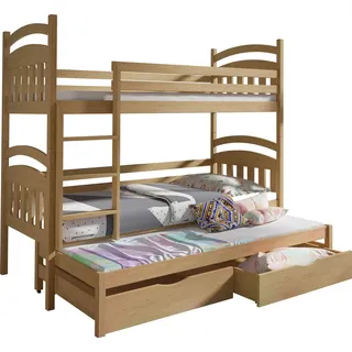 KEF ANTON Etagenbett Kinder Holz Kinderbett für Drei Kinder Leiter Universal ohne Matratze 90x190 cm Eiche - Hellbraun