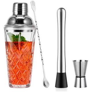 Cocktail Shaker Glas, 400ml Shaker für Cocktails 4 Stück für Haus und Bar | Glas Shaker Cocktail Auslaufsicherer Edelstahldeckel,Messbecher, Rührstab & Eisstampfer,Cocktail Mixer für Bar Zuhause Partys