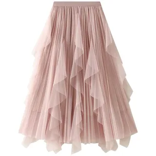 Tüllrock Damen Große Größen Lang Tüll Rock Midirock Elastischer Hoher Bund Asymmetrisch Mesh Lagenrock Netzstoff A-Linie Midi-Swing-Rock Faltenrock