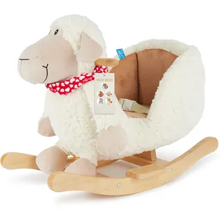 Bieco Plüsch Schaukeltier Schaf | Kinder Schaukelstuhl mit Sicherheitsgurt | Baby Schaukel | Schaukel Kleinkind | Schaukeltier Baby Zimmer | Baby Schaukelwippe ab 9 Monate | Schaukelpferd Holz