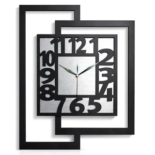 ORNAMENTI Wanduhr Große handgefertigte Wanduhr aus Holz, Modern,44 x 56 cm, Silber (Rechteckig vertikal, ohne Tickgeräusche für Wohnzimmer lesbare Ziffern) silberfarben