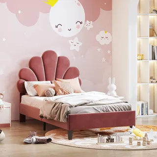 QMTXBYJ Kinderbett 90x200, Polsterbett 90x200 für Mädchen, Einzelbett mit Verstellbares-Kopfteil in Blumenform, Mädchen Bett, Gästebett Bettgestell mit Lattenrost aus Holz, Samtstoff, Ohne Matratze