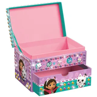 TM ESSENTIALS Gabby's Schmuckbox, Kinder Schmuckkästchen in Pink, Gold, Lila & Grün mit Schublade, Netflix Gabby's Dollhouse Motiven, Mädchen Schmuck Aufbewahrung