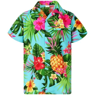 King Kameha Hawaiihemd Pineapple Funky Hawaii-Hemd Herren Kurzarm Front-Tasche Stylish Unisex blau XL
