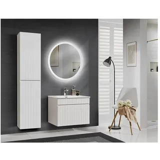 Lomadox Badmöbel Set mit 60cm Waschtischunterschrank Keramik Waschbecken IRAKLIO-56 in weiß matt, LED-Spiegel und Hochschrank, B/H/T: ca. 115/200/46 cm