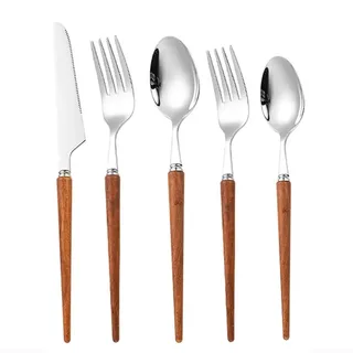 Royal Shang Youpin Holzgriff Küche Edelstahl Besteck Geschirr Besteck Messer Gabeln Löffel Set (Rosenholz,5 Stück)
