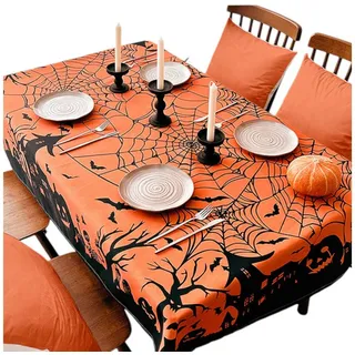LAPAPRO Tischdecke Halloween Wachstuchtischdecke Kürbis Gruselschloss Dekorationen, 1 Stück, 73x100cm/90x140cm/140x180cm gelb 140*180