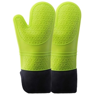 Herbests Ofenhandschuhe, 1 Paar Silikon Anti-Rutsch Topfhandschuhe Hitzebeständige Baumwolle Grillhandschuhe BBQ Handschuhe Kochhandschuhe Lange Backhandschuhe für Kochen Backen Mikrowelle,Grün