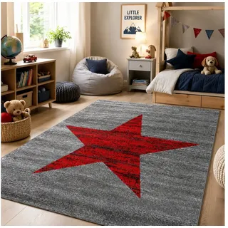 Vimoda Teppich Wohnzimmer Stern Muster Rot, Rechteckig, Läufer Rot Stylish Jugendzimmer Kurzflor grau|rot 80 cm x 250 cm