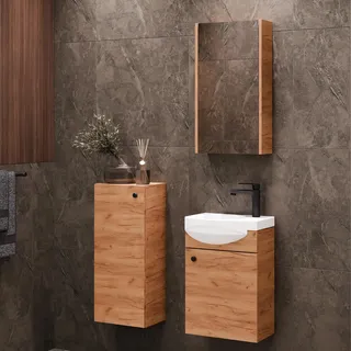 Planetmöbel Badmöbel Set Waschtisch mit Unterschrank | 40 x 60 x 29 cm, Spiegelschrank 40 cm & Midischrank für Badezimmer, Gäste WC & Bad, Gold Eiche