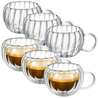 Wilmax - Thermogläser mit Henkel geriffelt - 6er-Set - 300 ml - Doppelwandige Kaffeegläser - Latte Macchiato Gläser Set - Cappuccino Gläser mit Henkel - Teegläser - Trinkgläser - Thermotasse
