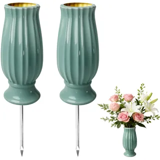 2 Stück Grabvase mit Erdspieß, Friedhofsvasen für Friedhof mit Metallspikes und Entwässerungslöchern, Gedenkblumen Halter mit Spike Stake für Grabstein Grab Friedhof Dekorationen Gedenkgeschenke