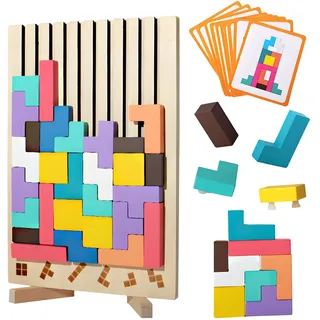 Holzpuzzle Tetris Montessori Spielzeug ab 3 4 5 6 Jahre - Lernspielzeug zur Förderung von Konzentration & Motorik - 3D Logikpuzzle mit geometrischen Blöcken - Geschenk Kinder