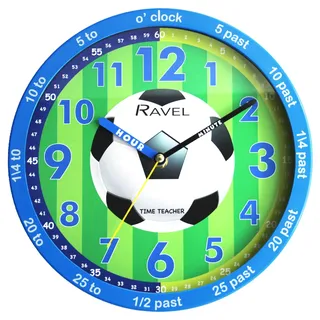 Ravel R.KC.12 Kinder-Wanduhr mit blauem Fußball/grünem Zifferblatt, 25 cm, analog, Quarz, Blau