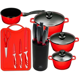 KING Topf-Set Aluguss Red, Aluminiumguss (Set, 15-tlg., 4Töpfe,3 Deckel,1 Messerblock,5 Kochmesser,Messer-Set + Schneidebrett), Induktion rot
