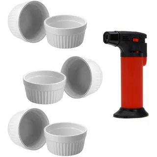 Creme Brulee Förmchen 6er-Set Ø 9x5 cm mit Flambierer Auflaufformen 185 ml Weiß