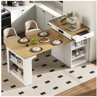 ibettertec Kücheninsel mit Rollen, Ausziehbarer Esstisch mit abnehmbarer Tischplatte, (Bartisch mit Steckdosenleisten, dient als Kücheninsel), Anrichte, Sideboard oder Bartisch für Küche und Esszimmer weiß