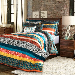 Lush Decor Boho Striped Comforter Bedding Colorful Pattern Bohemian Style Reversible 7 Piece Set, Full/Queen, Turquoise & Tangerine