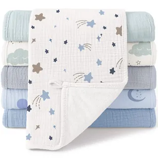 Bearmoss Moltontücher Baby 100% Baumwolle Weiche Spucktücher Baby,Saugstark Mulltücher 6er Pack 50x25 cm für Jungen Mädchen (Blauer Blockdruck)