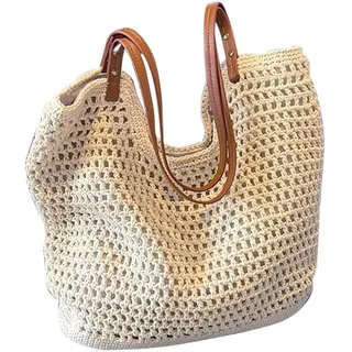 YayaVrillant Geflochtene Tasche, Korbtaschen Damen, Strohtaschen Damen, Korbtasche Geflochten, Basttaschen Sommer, Basttasche Shopper, Korbtasche (Weiß)