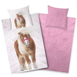 Aminata kids Biber Bettwäsche 135x200 cm Mädchen Pferd Pony 100% Baumwolle | Kinder-Wende-Bettwäsche-Set mit Reißverschluss Pferde-Motiv warm & kuschelig - Wendebettwäsche rosa