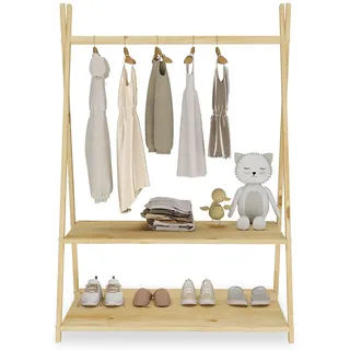 IDIMEX Kindergarderobe Danilo mit 1 Kleiderstange & 2 Ablageböden in Natur - Montessori Möbel für Kinderzimmer, freistehende Garderobe aus Massivholz mit Ablage.