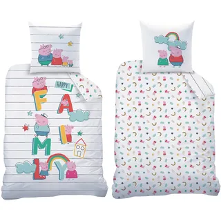 Peppa Wutz Pig Kinder Kinder-Bettwäsche Family Weiß 135 x 200 cm + 80 x 80 cm 100% Baumwolle in Renforcé-Linon-Qualität George Grampy Rabbit Papa Mümmel Mama deutsche Größe mit Reißverschluss