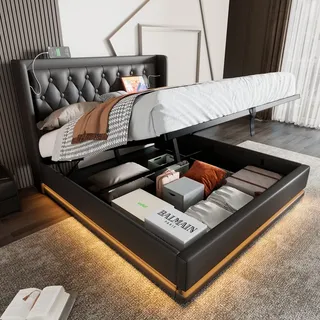 MODFU Boxspringbett Hydraulisches 180 x 200 cm mit 3-seitige LED-Beleuchtung, Polsterbett Funktionelles mit USB Typ-C Ladeanschluss, Doppelbett Sta... - Schwarz