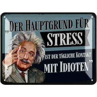 LANOLU Retro Blechschild - Hauptgrund für Stress ist der tägliche Kontakt - Poster aus Metall mit Zitat, lustiges Sprüche Schild, Küchen Deko - vintage Metallschild 15x20cm