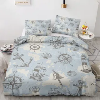 GEDAEUBA Maritim Bettwäsche 200x220 Sommer - Nautisch Bettbezug 200 x 220 3 teilig, Wendebettwäsche und Kissenbezug 80x80, Weiche & Atmungsaktive Mikrofaser Bettwäsche-Sets mit Reißverschluss