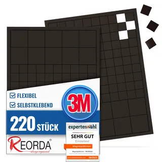 Reorda® Magnetplättchen selbstklebend (220 Stück) | Starker Marken-Kleber ermöglicht ausgezeichnete Klebekraft | Vielseitige Flache Magnete zum basteln & schneiden | Ideal nutzbar für Schule & Büro