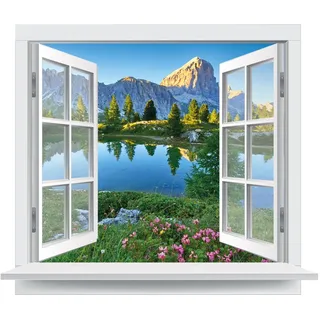 PrimeStick Premiumdesign Wandtattoo offenes Fenster italienische Dolomiten Ausblick Bergsee in Originalgröße 120 x 102cm farbig #141