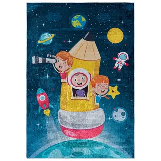 Mazovia Kinderteppich Kinderteppich Kinderzimmerteppich Planeten Weltraum, 160 x 230 cm, Kurflor, Waschbar in Waschmaschine, Höhe 5 mm, Rutschfest blau|bunt 160 x 230 cm