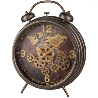Kremers Schatzkiste Standuhr Weltkarte mit sichtbar beweglichen Zahnrädern 50 cm Metall Batteriebetrieben Dekorative Uhr Industrial Vintage Style Modern Clock