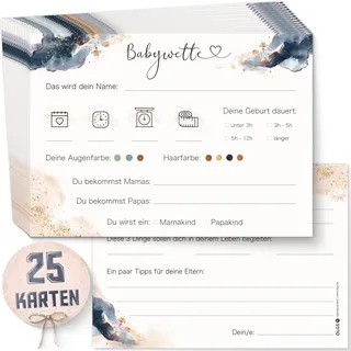 OLGS Babyparty Ratespiel 25 Karten zum ausfüllen DIN A6 | Babywette Tippkarten für Babyshower | Gender Reveal Party Quiz für Junge und Mädchen | Schwangerschaft Geschenk Baby Party Spiele - Splash