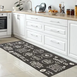 CARPETIA Waschbarer Küchenteppich Küchenläufer rutschfest Coffee dunkelgrau - schwarz - weiß flach lang 80 x 250 cm