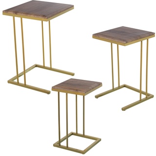 DRW Set mit 3 Beistelltischen aus Metall und Holz in Gold und Eiche, 40 x 40 x 60 cm, 35 x 35 x 55 cm und 29 x 29 x 50 cm, 40x40x60, 35x35x55 y 29x29x50cm
