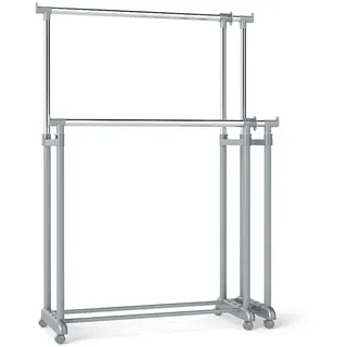 COSTWAY Kleiderständer, 2 Reihen, Garderobe auf Rollen, 2 Kleiderstangen mit ausziehbarer Höhe und Breite, doppelte Kleiderstangen für Ankleidezimmer