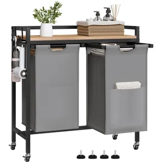 EUGAD Wäschekorb 2 Fächer, jedes 40 L, Wäschesammler ausziehbar abnehmbar, Oxford-Stoff-Wäschesack, Wäschewagen mit Rollen Ablage, Haken, Metallrahmen, Schlafzimmer Waschküche, 70x71x30 cm