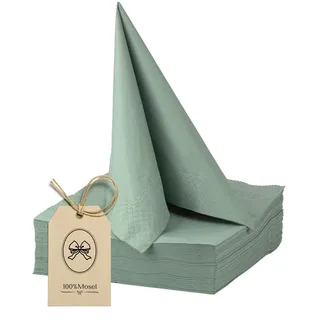 100% Mosel Papierservietten, 50 Stück (40 x 40 cm), in Eukalyptus Grün | Durchgefärbtes Tissue – beidseitig farbige Servietten für Hochzeit, Taufe, Kommunion und Geburtstag