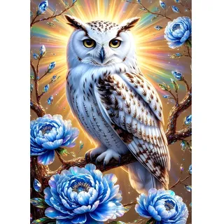 XWDYBDP DIY Fantasy Owl Diamond Painting Kits, 5D Luxury Diamond Painting for Adults Beginners Blue Flowers Diamond Embroidery DIY Full Drill Radiance Diamonds Art Home Wall Decoration 30x40 cm