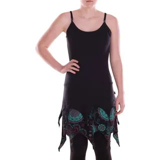 Vishes Zipfelkleid Damen Kleid Baumwolle Paisley asymmetrisch Spaghetti-Träger Alternative Bekleidung, Ethno, Hippie, Retro Style schwarz 34