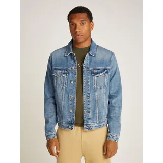 Jeansjacke TOMMY JEANS "RYAN RGLR TRCKR JCKT AI6137", Herren, Gr. S, blau (denim medium), Denim/Jeans, Obermaterial: 99% Baumwolle, 1% Elasthan, unifarben, casual, normal hüftlang, Langarm 1-Knopf-Manschette, Jacken, in blauer Waschung